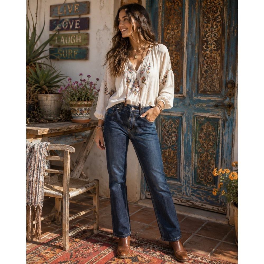 Desigual Size US 12 Dark Wash Straight Leg Jeans Boho Artsy Contrast Stitch‎